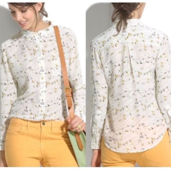 Madewell Boyfit Birds Life 100% Silk Crepe Delicate Cream yellow button down Sm - Picture 3 of 11